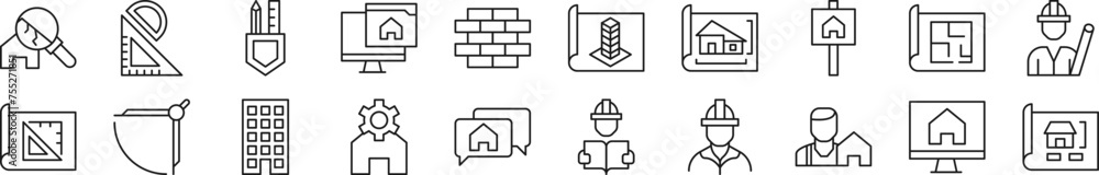 Poster collection of thin line icons of building. editable stroke. simple linear illustration for web sites