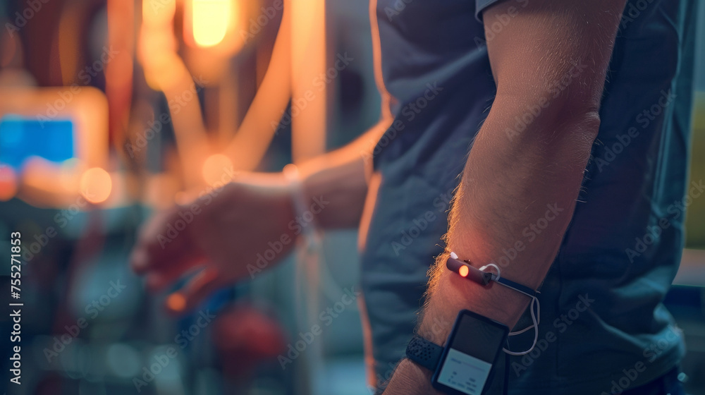 Poster a closeup of a mans forearm with a small discreet device attached to it. the device is wirelessly co