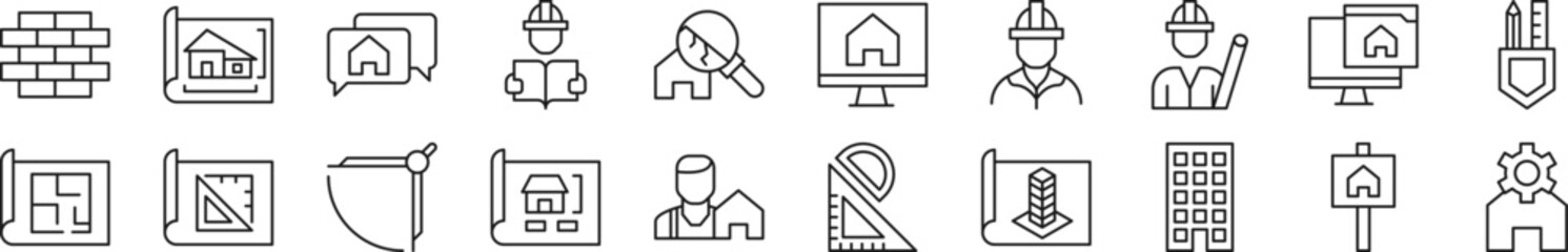 Set of line icons of building. Editable stroke. Simple outline sign for web sites, newspapers, articles book