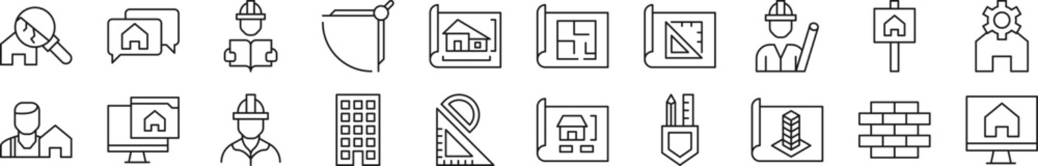 Set of thin line icons of building. Editable stroke. Simple linear illustration for web sites, newspapers, articles book