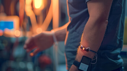 A closeup of a mans forearm with a small discreet device attached to it. The device is wirelessly connected to other devices on his body monitoring his vital signs and adjusting