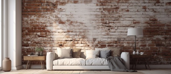 A cozy living room with a wooden couch and a vintage lamp in front of a rustic brick wall, creating a charming facade in the building