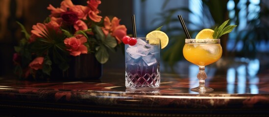 Two refreshing cocktails sit on a marble table, adorned with vibrant flowers, as a pool table serves as the backdrop.