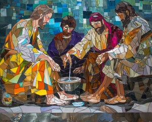 Jesus washing the disciples feet each gesture and expression detailed in the colors and textures of stained glass