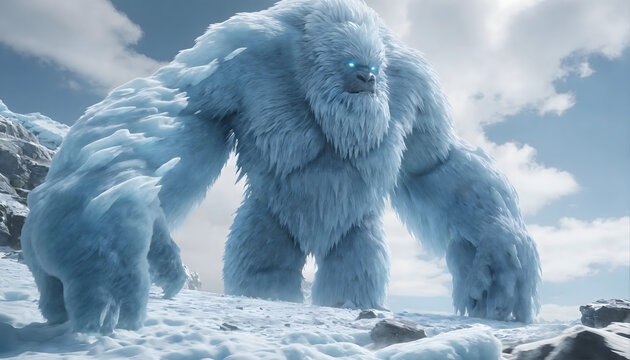 Glacial yeti description the glacial yeti is a towering ice creature that glistens with frost in 4K detail, watch as ice crystals form and shatter realistically as it moves through its frigid habitat.