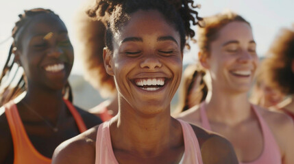 Fototapeta premium A group of diverse individuals smile and laugh together after a yoga class radiating harmony and positive energy.