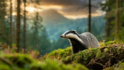 Badger in the green forest