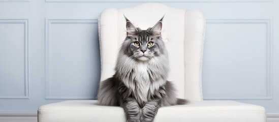 A suspicious blue tabby Maine Coon cat is sitting on a white chair, looking directly at the camera. The small gray ears armchair contrasts with the white wall background.