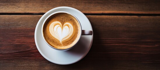 A heart shape is drawn on the surface of a vintage cappuccino or latte coffee cup, placed on a wooden table with a retro touch.