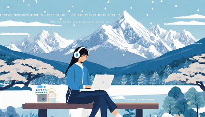 A girl coding with headphone on, sitting in a Japanese garden, snow covered mountains in the Serene Sky