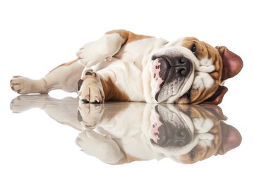 Bulldog laying upside down on his back .
