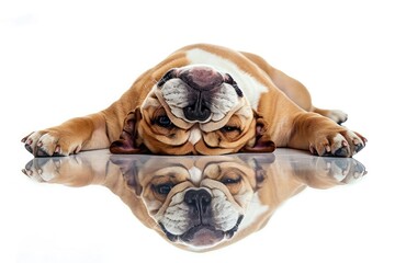 English bulldog laying upside down on his back with reflection on white background . - obrazy, fototapety, plakaty