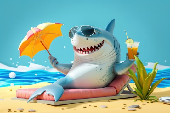 A cute shark in sunglasses lies on a beach mattress, hand holding a cocktail glass. Generative AI.