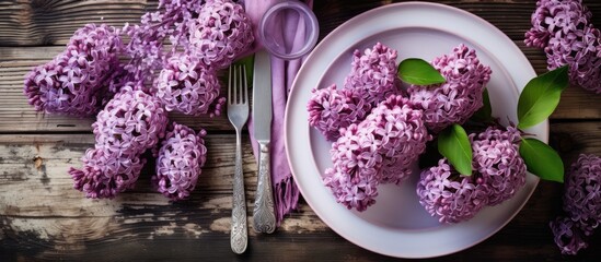 Obraz na płótnie Canvas A dish of violet flowers on a rustic wooden table, surrounded by utensils. This magenta petal can be a stunning ingredient in a cuisine recipe