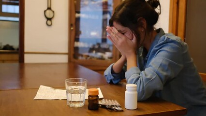 woman alone at home in front of a table full of pills and medications overmedication depression, pain, anxiety, discomfort medication abuse. Loneliness at home young woman.