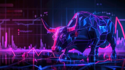 Digital bull on stock market graph background - An artistic digital rendering of a bull representing stock market trends on a futuristic grid backdrop