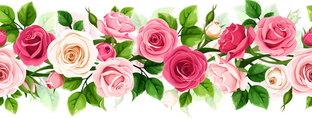 Floral seamless garland with red, pink, and white rose flowers and green leaves. Vector horizontal seamless border © naddya