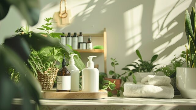 Elegant minimalist bathroom interior design - A stylish bathroom filled with natural light, featuring modern amenities and green plants that add a touch of freshness