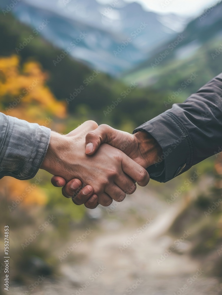 Poster handshake in a natural setting - an image capturing a handshake between two people set against a bac