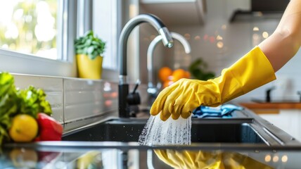 Hand washing dishes with sponge in sink - Close-up of a hand in yellow rubber gloves washing a dish with a soapy sponge in the kitchen sink, symbolizing daily chores - obrazy, fototapety, plakaty