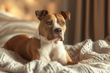 Staffordshire terrier dog lying in the bed .