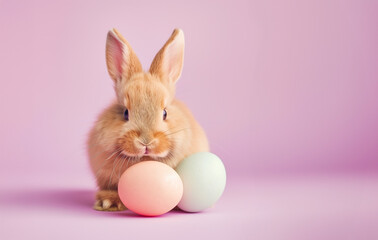 An adorable rabbit sitting with two pastel-colored Easter eggs, symbolizing Easter celebrations and spring joy. With space for text.