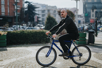 A side view of a contemporary adult man cycling on an urban street, with headphones around his neck.