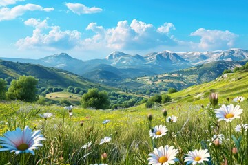 Amazing green hills and high mountains .Spring countryside landscape 