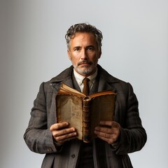 Foto de hombre con barba sosteniendo un libro viejo dañado y quemado en las manos mientras mira a la camara, en un fondo blanco neutral, bestido de traje elegante