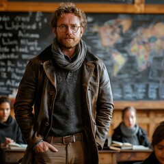 Profesor dando clases con pizarra detras de el en un salon de clases de geografia, hombre con barba y lentes, vestido con chaqueta de cuero bufanda y camisa gris