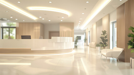 Abstract blur of a contemporary office lobby with bright lighting and a welcoming atmosphere, representing modern corporate style.
