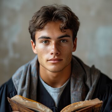 Foto retrato de chico guapo mirando a la camara mientras estudia un libro que sostiene es sus manos