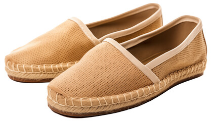 Generic pair of tan espadrilles; moccasins made of natural material. 