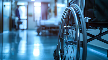 An unoccupied wheelchair in the brightly lit hallway of a hospital, evokes a sense of medical care and accessibility.
