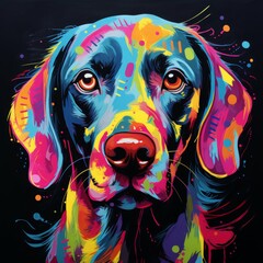Painting of a dog with a colorful background and dripping paint