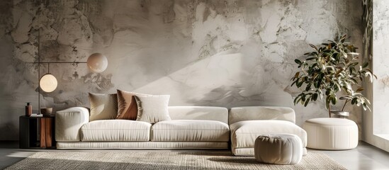 A white couch, ottomans, and a plant adorn the living room. The furniture is made of wood, complementing the tree outside. The house has a cozy feel with the plant adding a touch of greenery