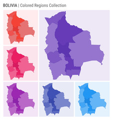 Bolivia map collection. Country shape with colored regions. Deep Purple, Red, Pink, Purple, Indigo, Blue color palettes. Border of Bolivia with provinces for your infographic. Vector illustration.