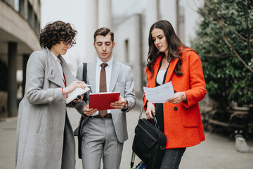 Group of smart business people in a discussion holding papers and a tablet outside office buildings.