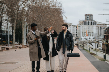 Diverse group of young entrepreneurs engaged in a discussion outdoors, using tablet and showing urban developments.