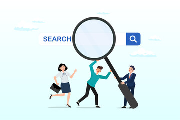 Business people HR push magnifying glass on search bar, search new job, finding candidate or discover talent, hiring and recruitment, SEO search engine optimisation, find career opportunity (Vector)