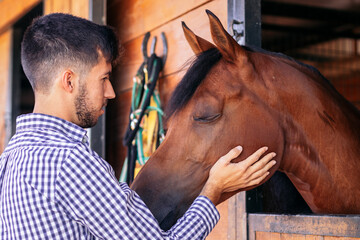 Man taking care of his brown horse in the stable