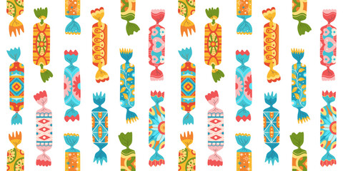 Wrapped candy with ornament seamless pattern. Caramel bonbon lollipop trendy boundless background. Cartoon doodle sweets snack endless design for paper print, fabric textile, wrapper backdrop template