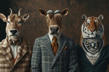 Animals in clothes. People with heads of animals. 
