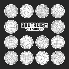 Wireframe shapes, lined sphere. Perspective mesh, 3d grid. Modern trendy low poly geometric elements. Retro futuristic design elements, y2k, vaporwave and synthwave style. Vector illustration