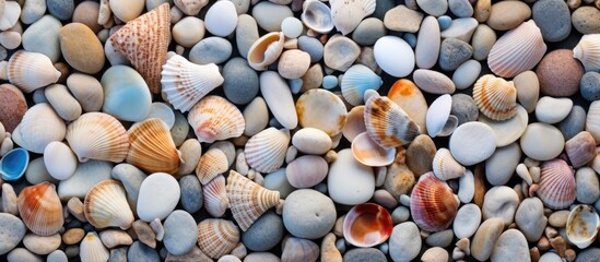 A collection of natural materials like rocks and seashells found on the beach, can be used for art projects, fashion accessories, building material, or as decorative elements in flooring or patterns