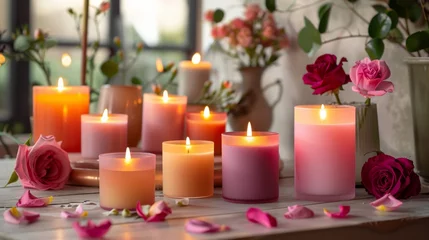 Foto op Canvas A collection of scented candles in various romantic scents such as rose and vanilla creating a and romantic ambiance for the evening. © Justlight
