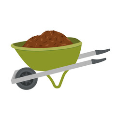 Wheelbarrow with gardening mulch, flat vector graphic illustration.