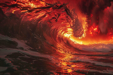 A cresting wave illuminated from beneath by an eerie red glow simulating the ocean above an underworld the waters surface reflecting the flames of hell - obrazy, fototapety, plakaty