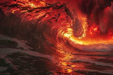 Fotobehang A cresting wave illuminated from beneath by an eerie red glow simulating the ocean above an underworld the waters surface reflecting the flames of hell © weerasak