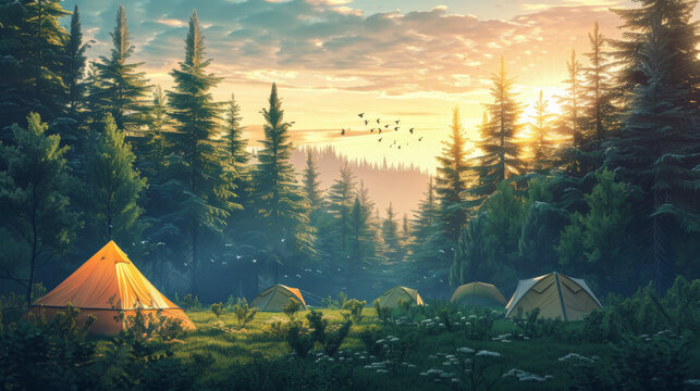 Tents pitched in a forest clearing as the rising sun casts a golden light through the pine trees.